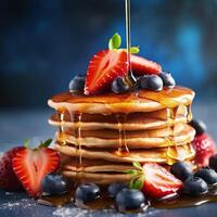 köstlich Pfannkuchen, mit frisch Blaubeeren, Erdbeeren und Ahorn Sirup Illustration ai generativ foto