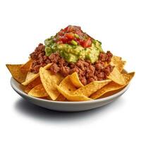 Mais Chips Nachos mit gebraten gehackt Fleisch und Guacamole isoliert Illustration ai generativ foto