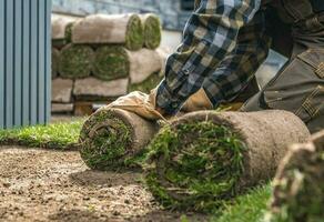 Landschaftsbau Arbeiter rollen Über natürlich Gras Rasen foto