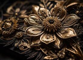 Papier gemacht Blumen quilling Kunst Technik schwarz und Gold abstrakt Hintergrund Linien erstellt mit generativ ai Technologie foto