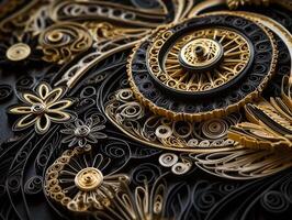 Papier gemacht quilling Kunst Technik schwarz und Gold abstrakt Hintergrund Linien erstellt mit generativ ai Technologie foto