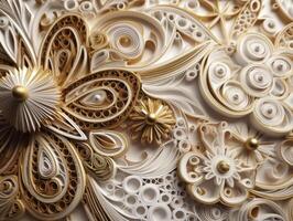 Papier gemacht quilling Kunst Technik Weiß und Gold abstrakt Hintergrund Linien erstellt mit generativ ai Technologie foto