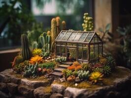 Fantasie Miniatur Zuhause Blumen Sukkulenten und Kaktus im das Garten erstellt mit generativ ai Technologie foto