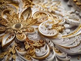 Papier gemacht Blumen quilling Kunst Technik Weiß und Gold abstrakt Hintergrund Linien erstellt mit generativ ai Technologie foto