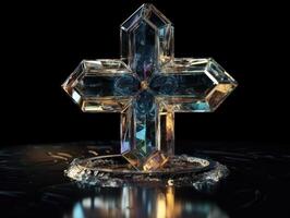 Kristall Kreuz auf ein schwarz Hintergrund erstellt mit generativ ai Technologie foto