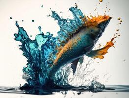 Spritzen von Blau Wasser mit fliegend Fisch erstellt mit generativ ai Technologie. foto