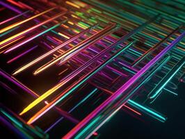 Neon- Beleuchtung diagonal Linien auf dunkel Hintergrund erstellt mit generativ ai Technologie foto