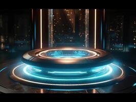 Fantastisch Kreis Hologramme Magie Portale. futuristisch runden Bühne mit Neon- Beleuchtung. glühend runden Bühne auf ein dunkel Hintergrund. erstellt mit generativ ai Technologie foto