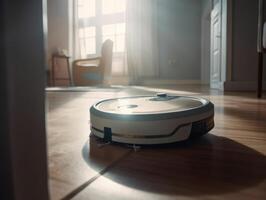Roboter Vakuum Reiniger Reinigung das Fußboden im das Leben Zimmer. Reinigung Bedienung Konzept. erstellt mit generativ ai Technologie. foto