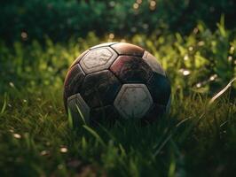 Fußball Ball auf Grün Gras erstellt mit generativ ai Technologie foto