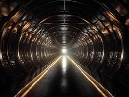 abstrakt futuristisch Tunnel Gang mit glühend Beleuchtung und Reflexionen Wissenschaft Fiktion Stil erstellt mit generativ ai Technologie foto