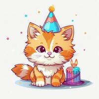 Geburtstag Katze mit Kuchen. Illustration ai generativ foto