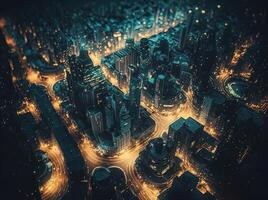 futuristisch Stadt Landschaft Stadtbild isometrisch Aussicht Nacht Stadt erstellt mit generativ ai Technologie foto