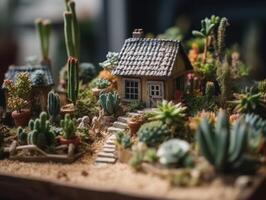 Fantasie Miniatur Zuhause Blumen Sukkulenten und Kaktus im das Garten erstellt mit generativ ai Technologie foto