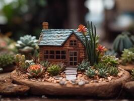 Fantasie Miniatur Zuhause Blumen Sukkulenten und Kaktus im das Garten erstellt mit generativ ai Technologie foto