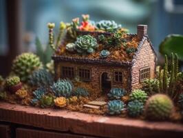 Fantasie Miniatur Zuhause Blumen Sukkulenten und Kaktus im das Garten erstellt mit generativ ai Technologie foto