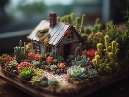 Fantasie Miniatur Zuhause Blumen Sukkulenten und Kaktus im das Garten erstellt mit generativ ai Technologie foto