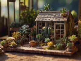 Fantasie Miniatur Zuhause Blumen Sukkulenten und Kaktus im das Garten erstellt mit generativ ai Technologie foto