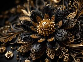 Papier gemacht Blumen quilling Kunst Technik schwarz und Gold abstrakt Hintergrund Linien erstellt mit generativ ai Technologie foto