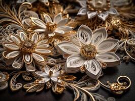 Papier gemacht Blumen quilling Kunst Technik Weiß und Gold abstrakt Hintergrund Linien erstellt mit generativ ai Technologie foto