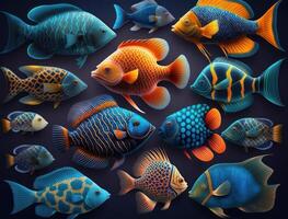 Gruppe von bunt Fische auf dunkel Hintergrund erstellt mit generativ ai Technologie foto