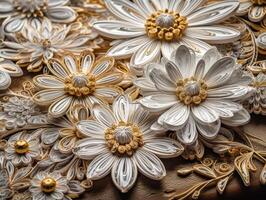 Papier gemacht Blumen quilling Kunst Technik Weiß und Gold abstrakt Hintergrund Linien erstellt mit generativ ai Technologie foto