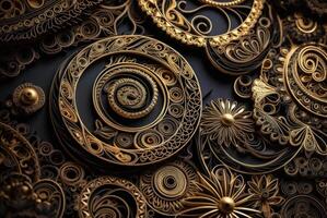 Papier gemacht quilling Kunst Technik schwarz und Gold abstrakt Hintergrund Linien erstellt mit generativ ai Technologie foto