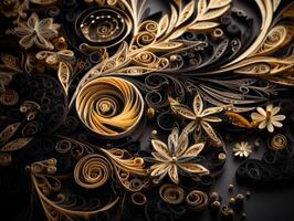 Papier gemacht quilling Kunst Technik schwarz und Gold abstrakt Hintergrund Linien erstellt mit generativ ai Technologie foto