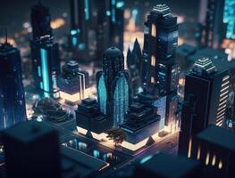 futuristisch Stadt Landschaft Stadtbild isometrisch Aussicht Nacht Stadt erstellt mit generativ ai Technologie foto