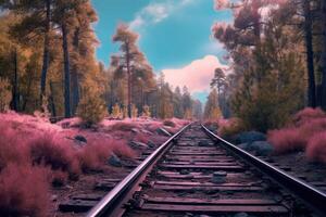 Eisenbahn Spuren im ein Wald Landschaft. Illustration ai generativ foto