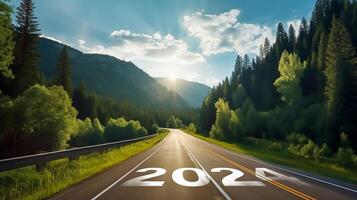 Neu Jahr 2024 oder Gerade nach vorne Straße Ausflug Reise und Zukunft Vision Konzept, generativ ai foto