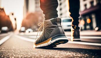 schließen oben Sport Sneaker von Mann Gehen auf Straße, ai generativ foto