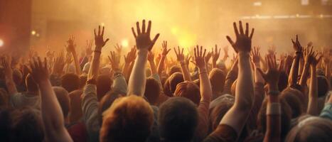 Jubel Menge mit Hände im Luft beim Musik- Festival im Vorderseite von Musical Bühne, generativ ai foto