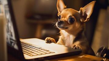 süß Hund suchen auf Laptop Monitor Bildschirm beim heim, ai generativ foto