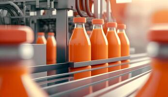 Gürtel oder Linie im frisch Orange Getränk mit modern automatisiert industriell Maschine Ausrüstung, Abfüllung Pflanze und bunt Saft Getränk Plastik Flasche im Fabrik, ai generativ foto