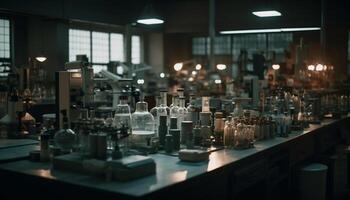 Wissenschaftler Arbeiten mit chemisch Ausrüstung im beleuchtet Labor generiert durch ai foto