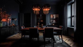 modern Luxus Essen Zimmer mit elegant Holz Stuhl und Leuchter generiert durch ai foto