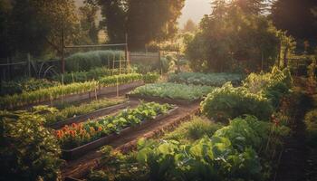 frisch Grün Laub wächst im das organisch Gemüse Garten draußen generiert durch ai foto