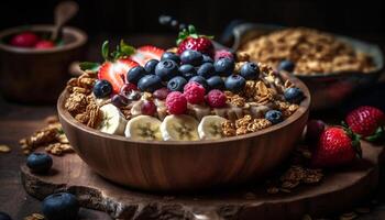 frisch Beere Schüssel mit Granola, Joghurt, und Schokolade Genuss generiert durch ai foto