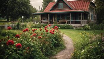 rustikal Hütte umgeben durch üppig Grün Wiese und Blühen Blumen generiert durch ai foto