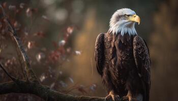 majestätisch kahl Adler sich niederlassen auf Zweig, Fokus auf Vordergrund generiert durch ai foto