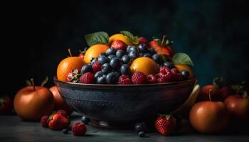 saftig Beere Schüssel auf rustikal Holz Tisch, perfekt gesund Snack generiert durch ai foto