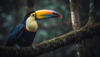 Tukan sich niederlassen auf Ast im beschwingt tropisch Regenwald Schönheit generiert durch ai foto