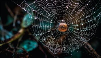 gespenstisch Spinne dreht sich nass Netz im dunkel Wald, fangen Insekt generiert durch ai foto