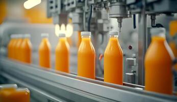 Gürtel oder Linie im frisch Orange Getränk mit modern automatisiert industriell Maschine Ausrüstung, Abfüllung Pflanze und bunt Saft Getränk Plastik Flasche im Fabrik, ai generativ foto