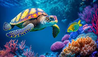 Schildkröte mit Gruppe von bunt Fisch und Meer Tiere mit bunt Koralle unter Wasser im Ozean, generativ ai foto