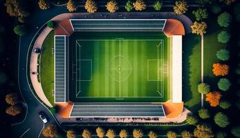 oben Aussicht von Fußball Stadion beim das Nachmittag, generativ ai foto