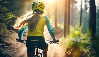 Berg Radfahren Frau Reiten auf Fahrrad im Sommer- Berge Wald Landschaft, ai generativ foto