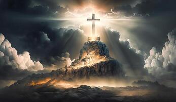 heilig Kreuz symbolisieren das Tod und Auferstehung von Jesus Christus mit das Himmel Über Golgatha Hügel ist verhüllt im Licht und Wolken, ai generativ foto