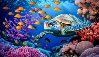Schildkröte mit Gruppe von bunt Fisch und Meer Tiere mit bunt Koralle unter Wasser im Ozean, generativ ai foto